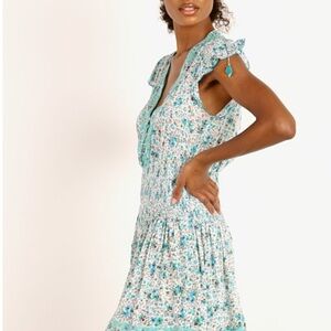 Poupette St. Barth Teal and White Floral Ruffle Midi Dress
